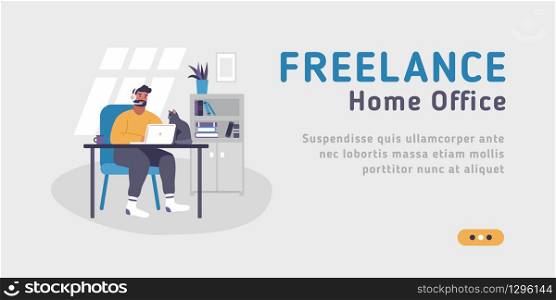 Web landing page template for freelance, work at home, online jobs and home office. Vector illustration on the grey background of young man sitting at desk with laptop. Fully customizable template. Web landing page template for freelance, work at home, online jobs and home office. Vector illustration on the grey background of young man sitting at desk with laptop.