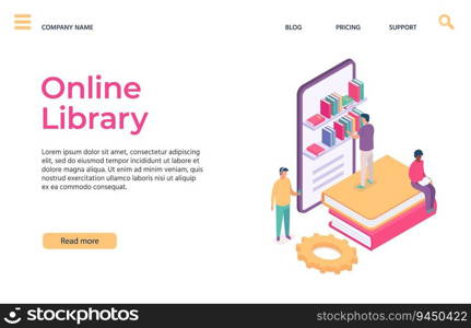 Web library online education landing pages. Man choosing book in tablet. Shelves full of textbooks, man character listening to audio story. Studying remotely with technologies vector illustration. Web library online education landing pages. Man choosing book in tablet. Shelves full of textbooks, man character