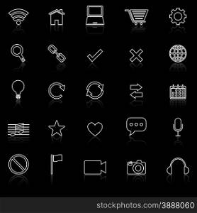 Web line icons with reflect on black, stock vector