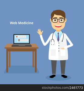 Web medicine concept with a happy friendly doctor wearing a stethoscope standing alongside a table with a laptop ready to answer your questions and help with an online diagnosis vector illustration