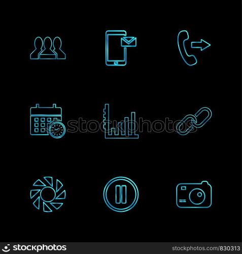 web , mobile , message , call , chain , camera ,graph , pause , calender, graph , icon, vector, design, flat, collection, style, creative, icons
