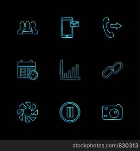 web , mobile , message , call , chain , camera ,graph , pause , calender, graph , icon, vector, design, flat, collection, style, creative, icons