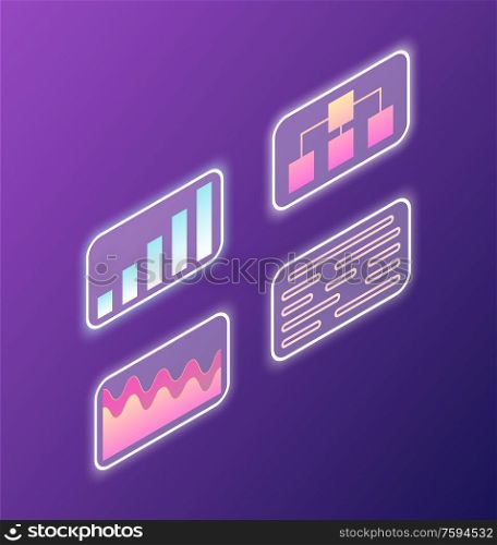 Web neon icons with chart, scheme and lines, element of decoration business startup, creative idea, interface abstract symbols, graphic software vector. Business Startup Icons, Chart and Scheme Vector