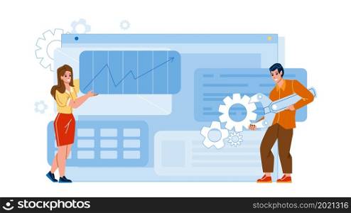 Web Optimization Developers Occupation Vector. Young Man And Woman Search Engine Optimization Business, Colleagues Seo Monitoring And Fixing Digital Problem. Characters Flat Cartoon Illustration. Web Optimization Developers Occupation Vector