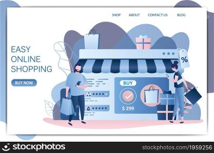 Web or mobile application of online shop,beauty people with shopping bags and smartphones,e-commerce app or landing page template in trendy simple style,vector illustration flat design
