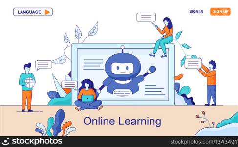 Web Page Chatbots Online Learning Data. Self Learning Virtual Assistants welcoming on PC Screen. Male, Female Conversation, Chatting. Banner Website with Woman Surfing Internet, Searching Man. Web Page Chatbots Online Learning Data Application