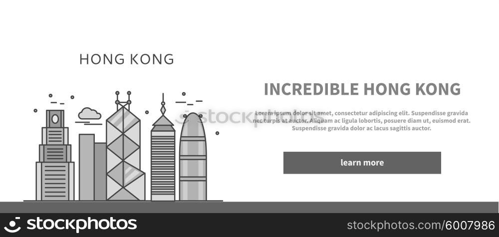 Web page chinese city of incredible Hong Kong. China and hong kong street, asia architecture, building asian, chinese skyscraper, urban famous downtown illustration. Black on white