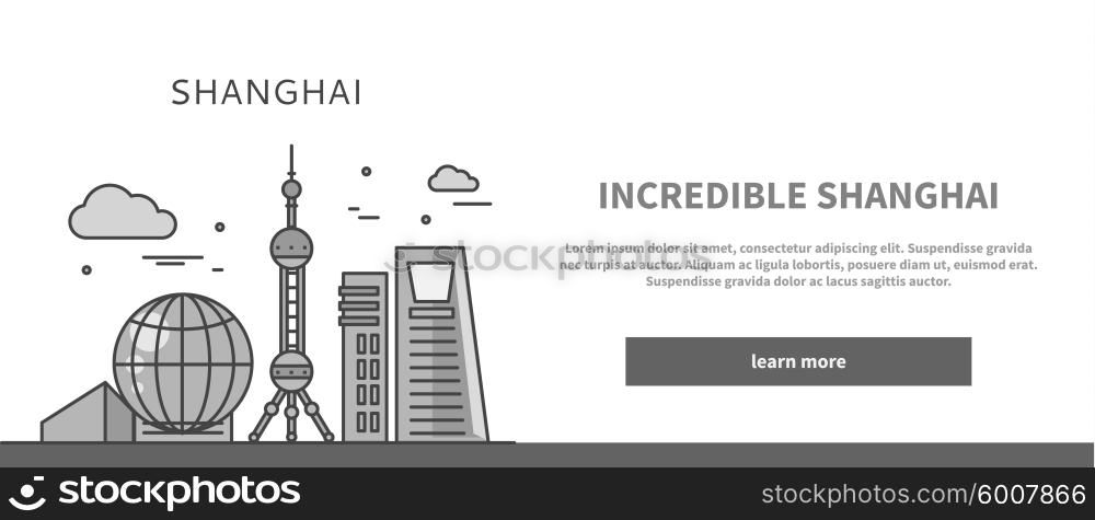 Web page chinese city of incredible shanghai. Shanghai skyline, china city, urban asia building, asian town, downtown district, scene exterior illustration. Black on white
