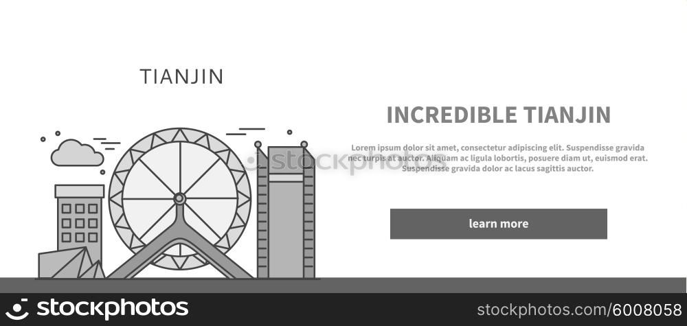 Web page chinese city of incredible Tianjin. Tianjin china, china city, city district, ferris wheel, scene structure house, info business, famous architecture illustration. Black on white