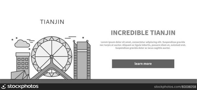 Web page chinese city of incredible Tianjin. Tianjin china, china city, city district, ferris wheel, scene structure house, info business, famous architecture illustration. Black on white