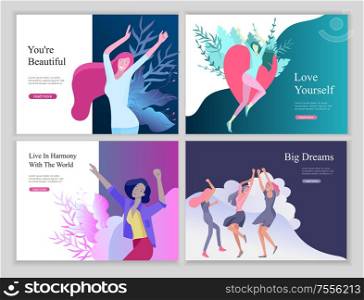 Web page design template for beauty dreams, International Womens Day, girls power, wellness, body care, healthy life, design vector illustration concept for website and mobile website development. Web page design template for beauty dreams, International Womens Day, girls power, wellness, body care, healthy life, design vector illustration concept for website