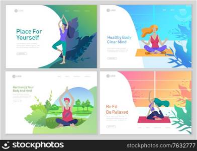 Web page design template with Man and woman meditate, sitting in yoga posture at home and at outdoor. Practice yoga lesson on nature. Mental health concept. Vector illustration cartoon. Web page design template with Man and woman meditate, sitting in yoga posture at home and at outdoor. Practice yoga lesson on nature. Mental health concept. Vector