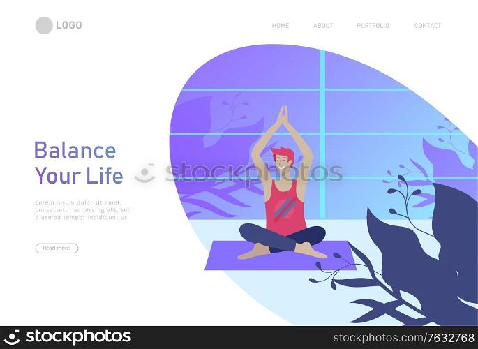 Web page design template with man meditate, sitting in yoga posture at home and at outdoor. Practice yoga lesson on nature. Mental health concept. Vector illustration cartoon. Web page design template with Man and woman meditate, sitting in yoga posture at home and at outdoor. Practice yoga lesson on nature. Mental health concept. Vector