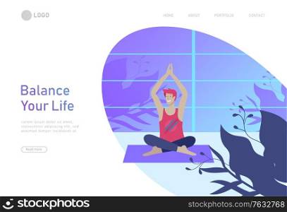 Web page design template with man meditate, sitting in yoga posture at home and at outdoor. Practice yoga lesson on nature. Mental health concept. Vector illustration cartoon. Web page design template with Man and woman meditate, sitting in yoga posture at home and at outdoor. Practice yoga lesson on nature. Mental health concept. Vector