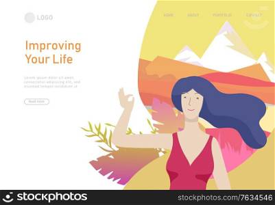 Web page design template with woman meditate on sunset, sitting in yoga posture at home and at outdoor. Practice yoga lesson on nature. Mental health concept. Vector illustration cartoon. Web page design template with Man and woman meditate, sitting in yoga posture at home and at outdoor. Practice yoga lesson on nature. Mental health concept. Vector