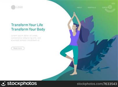 Web page design template with woman meditate, sitting in yoga posture at home and at outdoor. Practice yoga lesson on nature. Mental health concept. Vector illustration cartoon. Web page design template with Man and woman meditate, sitting in yoga posture at home and at outdoor. Practice yoga lesson on nature. Mental health concept. Vector