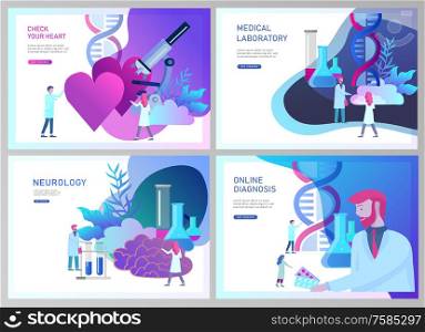 Web page design templates collection of online medical diagnosis and treatment, medical donation, laboratory and heart health, neurology. Modern illustration concepts for website. Web page design templates collection of online medical diagnosis and treatment, medical donation, laboratory and heart health, neurology. Modern illustration concepts