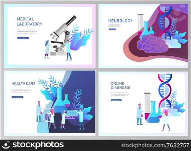 Web page design templates collection of online medical diagnosis and treatment, medical donation, laboratory and heart health, neurology. Modern illustration concepts for website. Web page design templates collection of online medical diagnosis and treatment, medical donation, laboratory and heart health, neurology. Modern illustration concepts