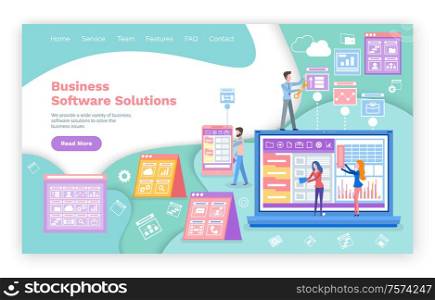 Web page for business software solutions vector. Graphics and charts or diagrams, laptop and entrepreneurs, website template, landing page flat style. Business Software Solutions Web Page Template
