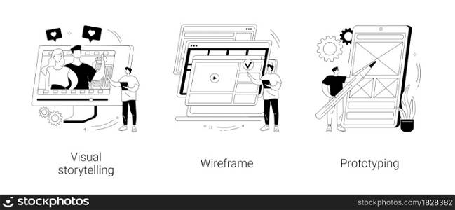 Web page layout abstract concept vector illustration set. Visual storytelling, wireframe and prototyping, user experience, design concept, landing page, digital application abstract metaphor.. Web page layout abstract concept vector illustrations.