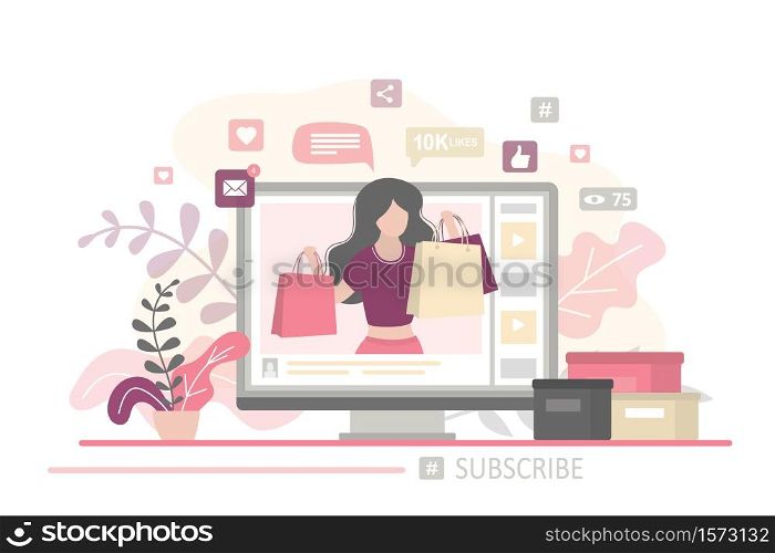 Web page on monitor screen, boxes with goods near. Beauty woman blogger takes shopping review on trendy fashion channel to her subscribers. Video content in social media. Trendy vector illustration