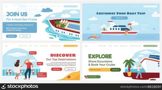 Web page set with summer cruise trip advertising. Shore excursion promotion at landing banner collection, vector illustration. Flat young man woman character at boat journey, website design. Web page set with summer cruise trip advertising