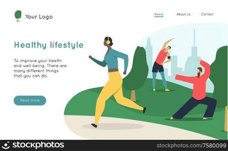 Web page sport website landing page with clickable links flat characters of running people and cityscape vector illustration