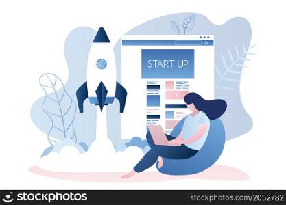 Web page template and rocket take off,Startup project development,businesswoman or office worker with laptop,female character in trendy simple style,vector illustration flat design