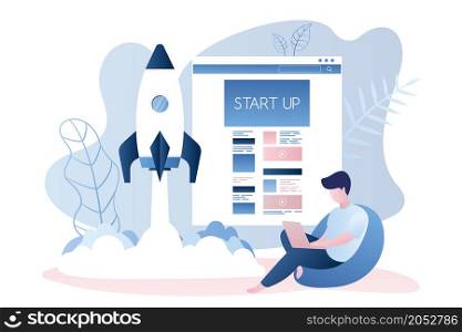 Web page template and rocket take off,Startup project development,hipster guy with laptop,male character in trendy simple style,vector illustration flat design
