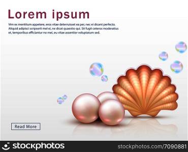 Web page template with realistic shell and pearls and colorful bubbles. Vector seashell background. Illustration of pearl and shell undersea. Web page template with realistic shell and pearls and colorful bubbles. Vector seashell background