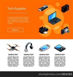 Web page vector isometric gadgets icons landing page template illustration. Vector isometric gadgets icons page template illustration