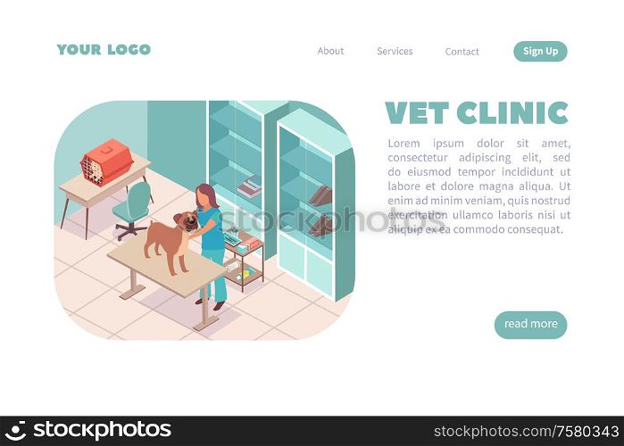 Web page vet clinic isometric website landing background with indoor composition editable text and clickable links vector illustration