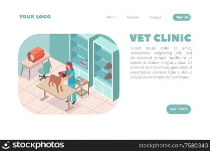 Web page vet clinic isometric website landing background with indoor composition editable text and clickable links vector illustration