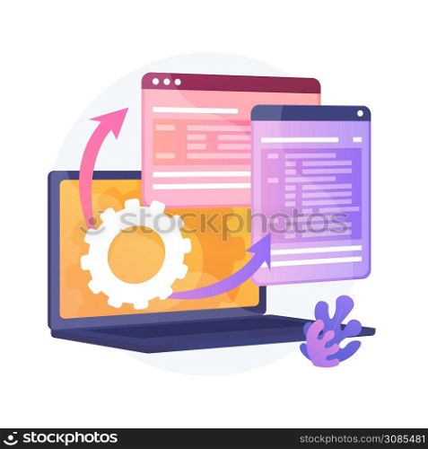 Web Page visualization. Protocol procedure. Dynamic software workflow. Full Stack development, markup, administrate system. Driver for shared memory. Vector isolated concept metaphor illustration.. Web Page visualization vector concept metaphor