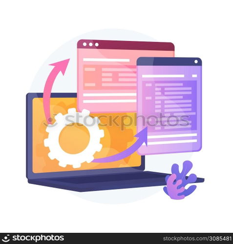 Web Page visualization. Protocol procedure. Dynamic software workflow. Full Stack development, markup, administrate system. Driver for shared memory. Vector isolated concept metaphor illustration.. Web Page visualization vector concept metaphor