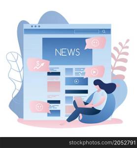 Web page with news and beauty female with laptop,woman reading news sites,trendy style vector illustration