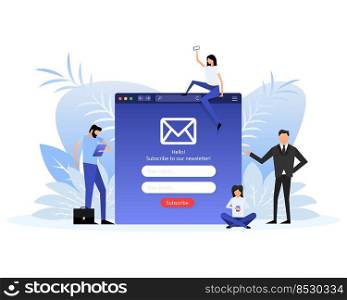 Web page with people in flat style on a white background. Subscribe to our newsletter. Vector illustration.. Web page with people in flat style on a white background. Subscribe to our newsletter. Vector illustration