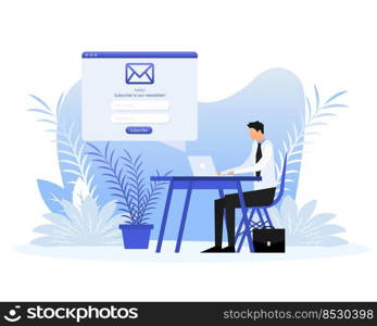 Web page with people in flat style on a white background. Subscribe to our newsletter. Vector illustration.. Web page with people in flat style on a white background. Subscribe to our newsletter. Vector illustration