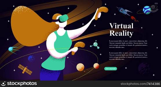Web page with VR concept. Virtual Reality concept with a girl interacting with imaginary universe through VR glasses. Vector illustration.. Web page with VR concept. Woman flying in cyberspace. Virtual reality concept. Vector illustration.