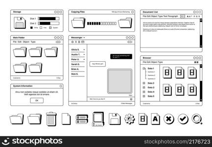 Web pages layout templates in retro style digital screen symbols icons dividers frames banners buttons garish vector flat illustration. Interface web, folder page, file browser. Web pages layout templates in retro style digital screen symbols icons dividers frames banners buttons garish vector flat illustration