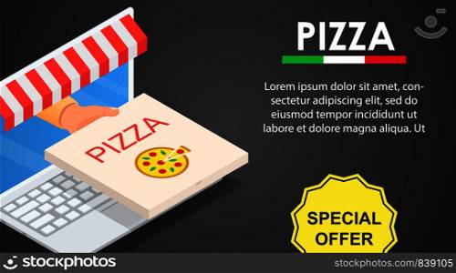 Web pizza offer banner horizontal. Isometric illustration of vector web pizza offer banner horizontal for web design. Web pizza offer banner horizontal, isometric style