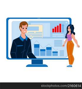 web presentation man woman design. report banner. online website office. slide character web flat cartoon illustration. web presentation vector