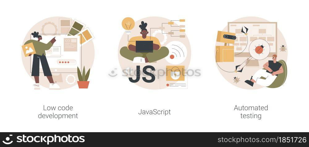 Web programming abstract concept vector illustration set. Low code development, JavaScript, automated testing, application software, JS development, usability analysis tool abstract metaphor.. Web programming abstract concept vector illustrations.