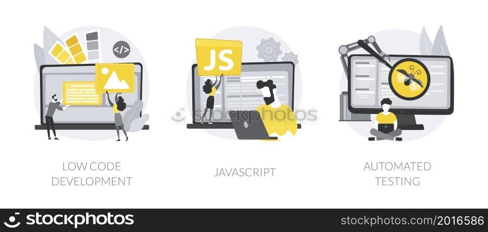 Web programming abstract concept vector illustration set. Low code development, JavaScript, automated testing, application software, JS development, usability analysis tool abstract metaphor.. Web programming abstract concept vector illustrations.