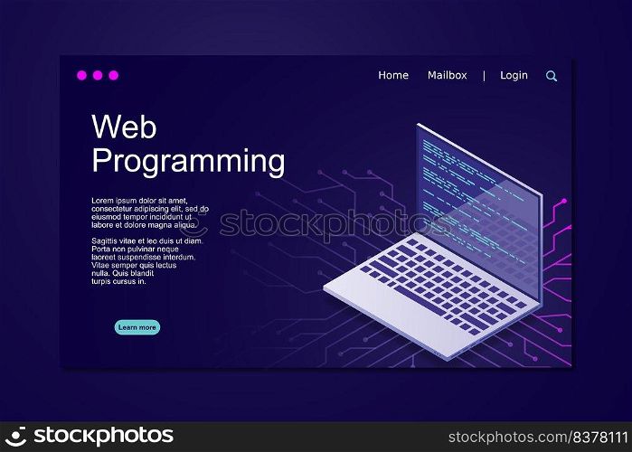 Web programming vector isometric illustrations. web programming concept programming language program code big data processing on laptop screen. Vector illustration