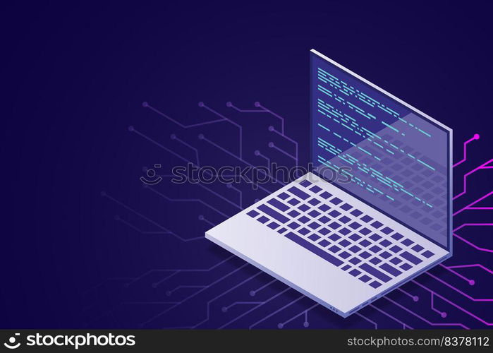 Web programming vector isometric illustrations. web programming concept programming language program code big data processing on laptop screen. Vector illustration