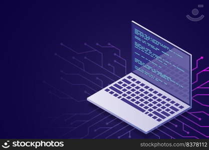 Web programming vector isometric illustrations. web programming concept programming language program code big data processing on laptop screen. Vector illustration