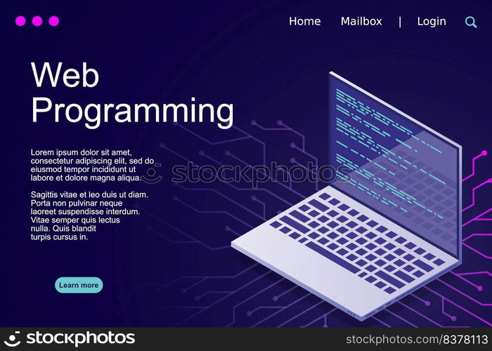 Web programming vector isometric illustrations. web programming concept programming language program code big data processing on laptop screen. Vector illustration
