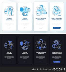 Web safety tips onboarding mobile app page screen. Data protection walkthrough four steps graphic instructions with concepts. UI, UX, GUI vector template with linear night and day mode illustrations. Web safety tips onboarding mobile app page screen