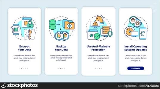 Web searching safety tips onboarding mobile app page screen. Data protection walkthrough four steps graphic instructions with concepts. UI, UX, GUI vector template with linear color illustrations. Web searching safety tips onboarding mobile app page screen